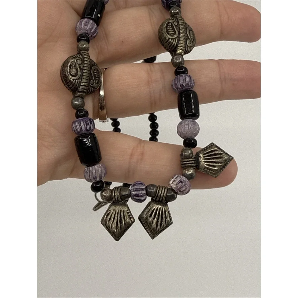 Artisan Made Amethyst Black glass beads Silvertone Hook Closure‎ Native American